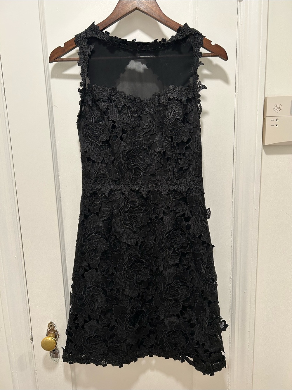Black 3D Floral Lace Cocktail Dress Sheer Neck UK 8 US 4